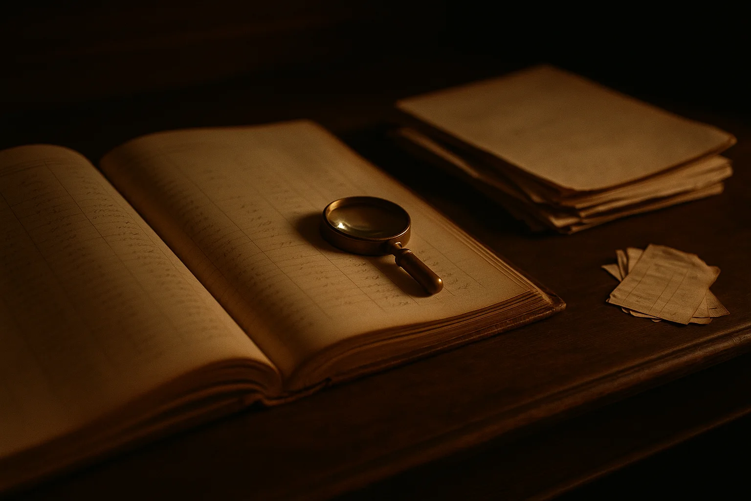 An open antique ledger under a brass magnifying glass, with loose paper receipts beside it, the paper trail RKade traced by hand before the client could get straight answers from a system it did not own.