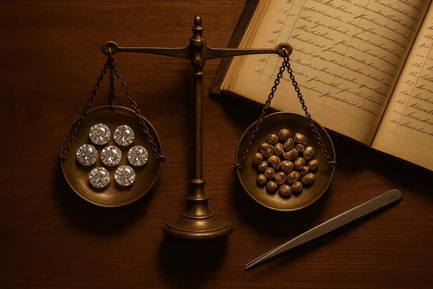 A brass balance scale weighing loose diamonds against gold nuggets on a wooden desk, beside an open handwritten ledger and a pair of tweezers, the paper bookkeeping the shop ran on before this system existed.
