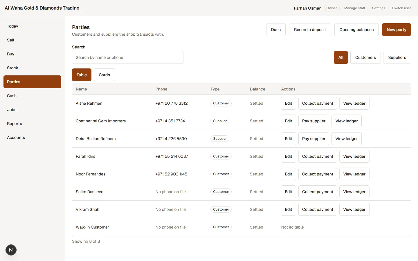 The CRM's Parties screen, a table of customers and suppliers with phone numbers, balance status and buttons to collect a payment or view a full ledger.