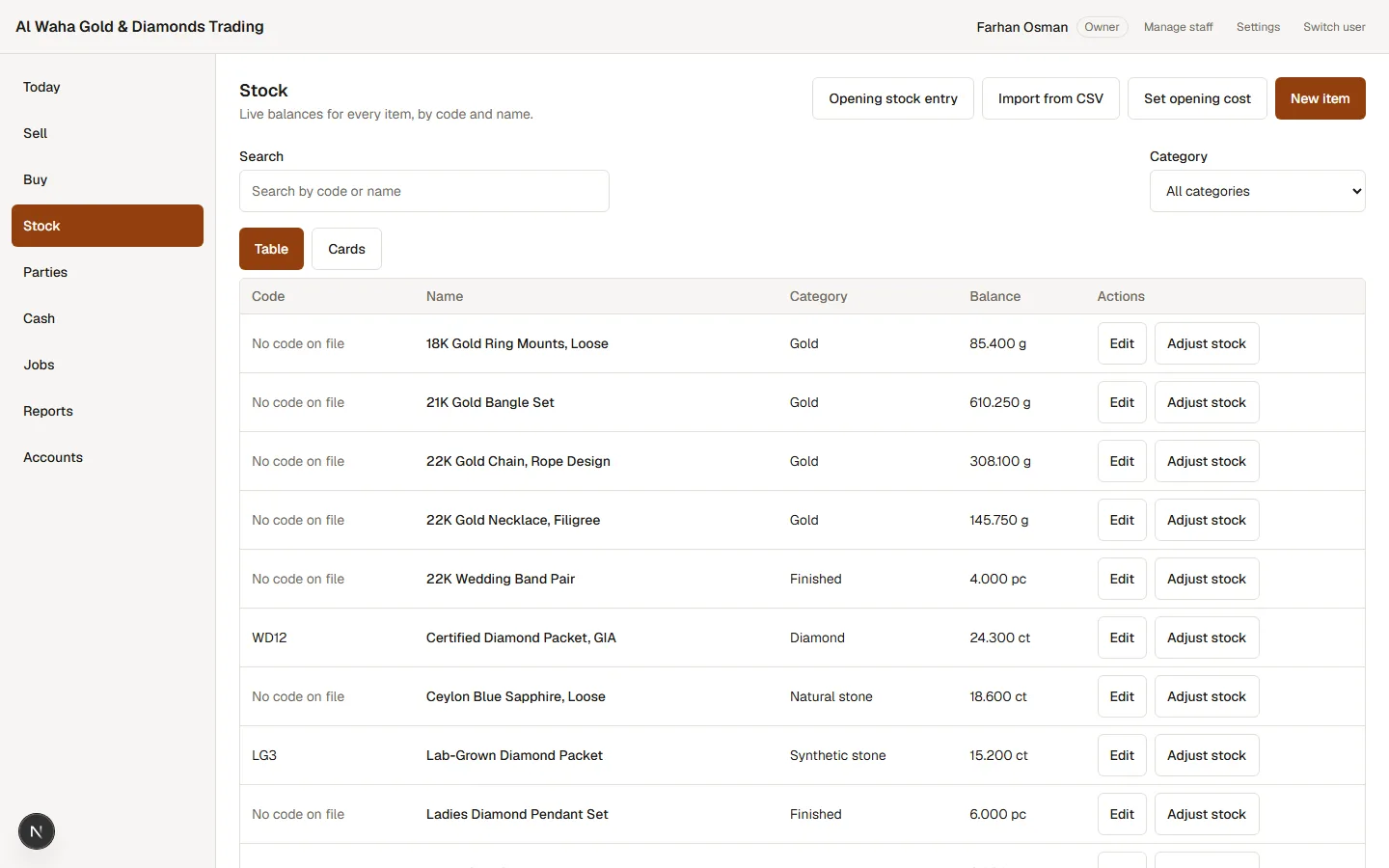 The CRM's Stock screen, a table of jewellery items by code, name, category and live balance: a 22K gold chain shown in grams, a certified diamond packet shown in carats, a wedding band pair shown by the piece.