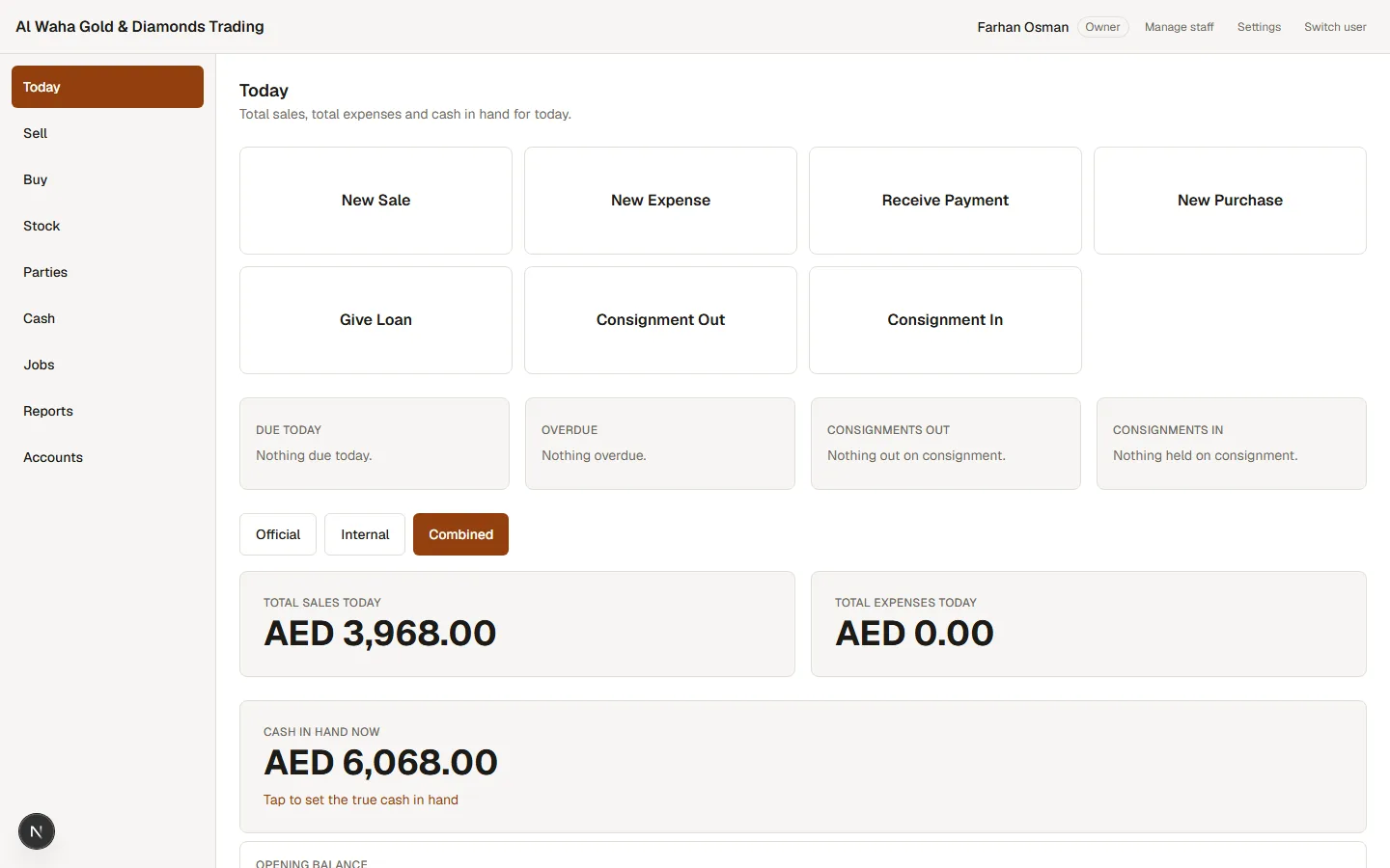 The CRM's Today screen, quick action tiles for New Sale, New Expense, Receive Payment and New Purchase, above cards totalling the day's sales, expenses and cash in hand in AED.