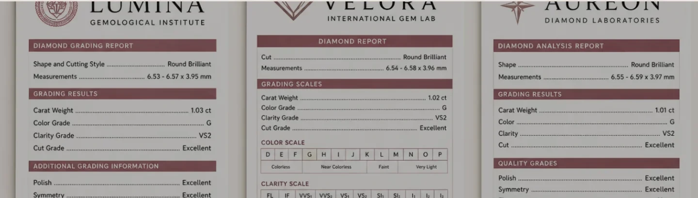 Three independent diamond grading reports shown side by side on the storefront, each from a different named lab, listing cut, carat weight, colour grade and clarity grade, so a buyer can compare certificates before choosing a stone.