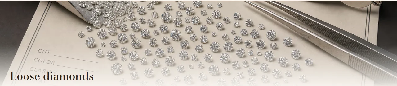 Loose faceted diamonds scattered across a jeweller's grading card under the storefront's Loose Diamonds section heading, with tweezers resting at the edge of the frame.