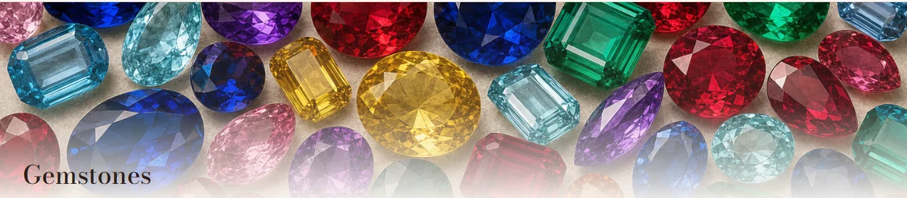 An arrangement of coloured gemstones, sapphires, rubies, emeralds and topaz among them, under the storefront's Gemstones section heading.