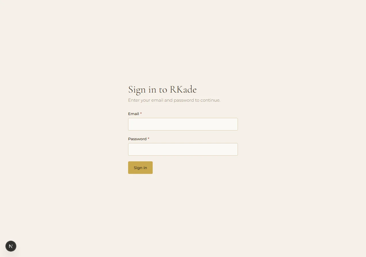 RKade’s own CRM sign in screen, an email and password form on a cream background with a gold Sign in button, the same login every project in this list runs behind.
